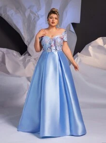 Glamrae 大码浅蓝色精致手工串珠 3D 贴花美人鱼晚礼服，配有宝石领口和裙裾，优雅正式派对礼服舞会婚礼宾客礼服，适合毕业典礼、晚宴