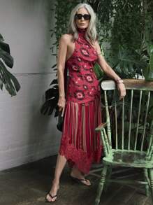 Miaspire Falda midi de satén con pliegues laterales, con estampado a rayas rojas y negras, y dobladillo de encaje rojo asimétrico y elegante para mujer
