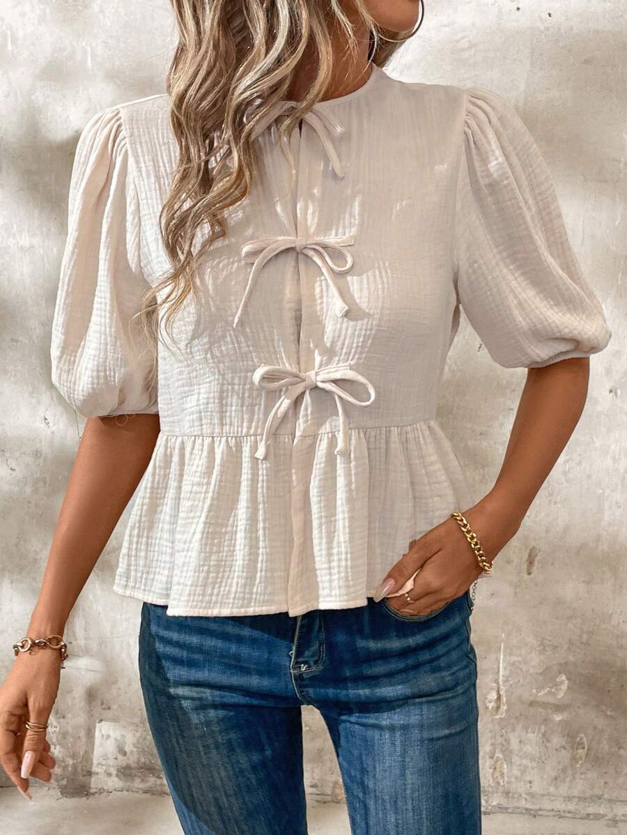 SHEIN Clasi Women's Summer Front Tie Short Puff Sleeve Peter Pan Collar Top With Ruffle Hem Back To School Shirts