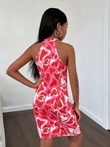 SHEIN Tween Girl's Red Heart Printed Halter Dress - Red - View 2