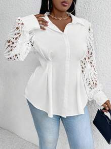 SHEIN Unity Áo sơ mi gấp nếp ren gu gu tương phản - trắng - Xem 1