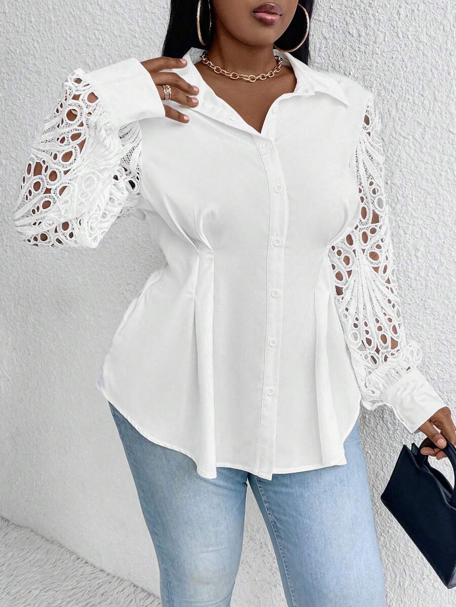 SHEIN Unity Áo sơ mi gấp nếp ren gu gu tương phản - trắng - Xem 1