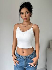 Chiquease Lace Patchwork Camisole With Solid Color Spaghetti Strap And Cup