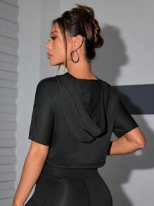 SHEIN Sports Mesh Contrast Hooded Casual Sports Sweatshirt - Black - View 2