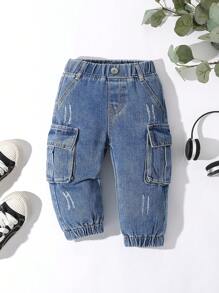 SHEIN Explorewe Pantalones de mezclilla informales y modernos para niños, ropa de trabajo para infantes - Azul lavado medio - Ver 1