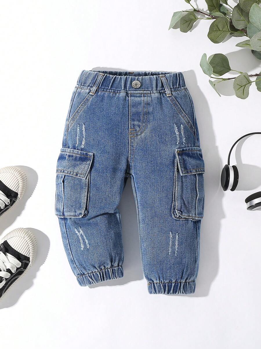 SHEIN Explorewe Pantalones de mezclilla informales y modernos para niños, ropa de trabajo para infantes - Azul lavado medio - Ver 1