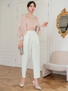 DAZY 女士商务休闲纯色口袋通勤裤，女士正装裤 - 白色 - 查看 7