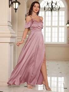 Cold Shoulder Solid Split Thigh Women Prom Dresses - Dusty Pink - View 3
