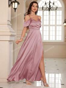 Cold Shoulder Solid Split Thigh Women Prom Dresses