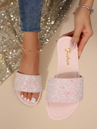 女式扁平涼鞋，夏季開口水鑽低跟皮鞋，圓頭穆勒鞋，舒適的棕色/藍色休閒沙灘鞋，適用於戶外、假期和優雅穿著