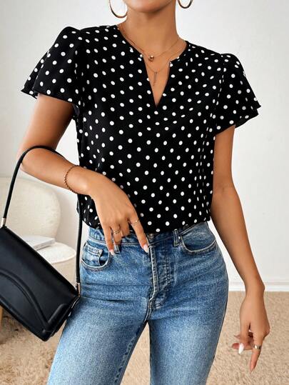 SHEIN Essnce 波點凹口領襯衫，適合職場女性着装，商务女士衬衫，教师衣服，教师套装