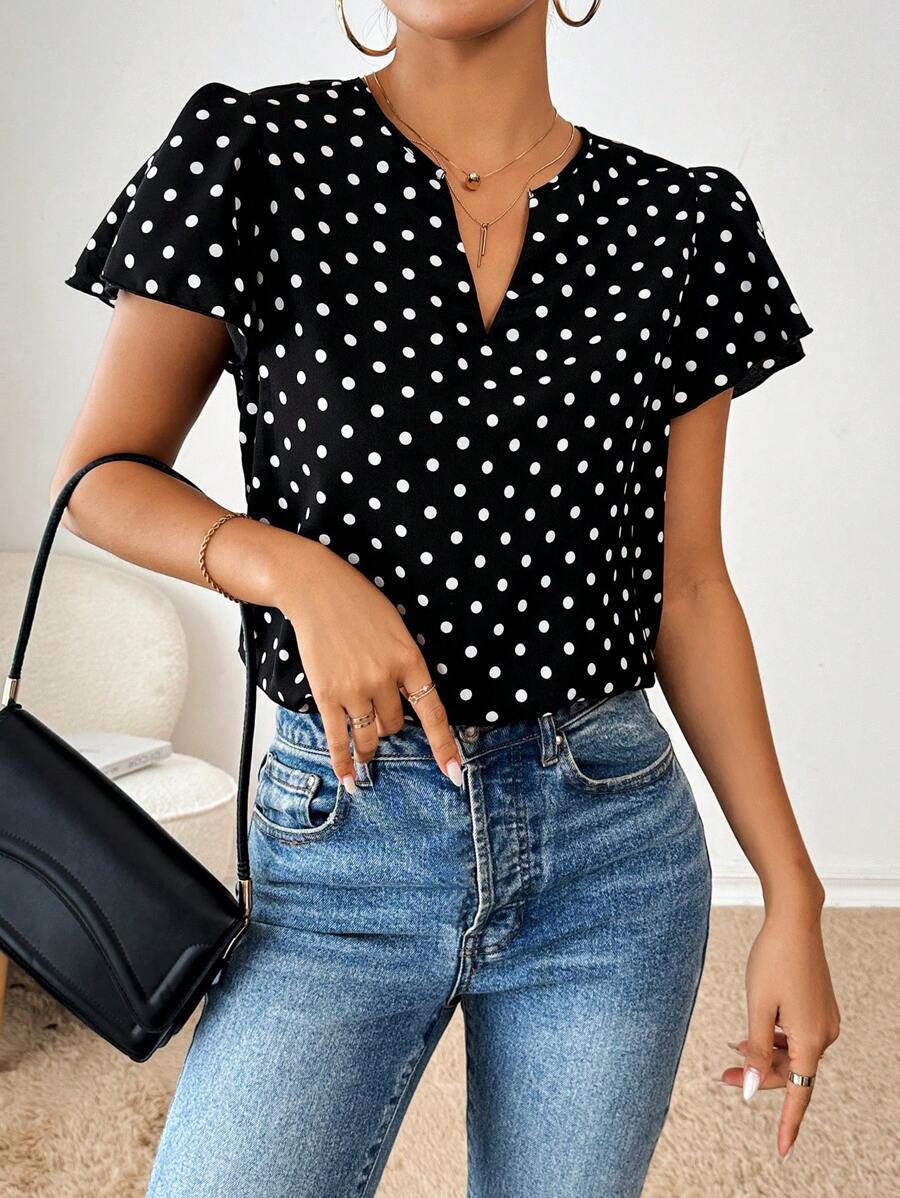 SHEIN Essnce Chấm bi Kiểu Chữ V Cổ Áo Làm Việc Quần Áo Phụ Nữ Làm Việc Áo Sơ Mi Nữ Công Sở Quần Áo Giáo Viên Áo Sơ Mi Giáo Viên Trang Phục - Đen và trắng - Xem 1