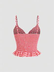 Sweetra Cami-top met gingham-print en knoop aan de voorkant met ruches aan de zoom