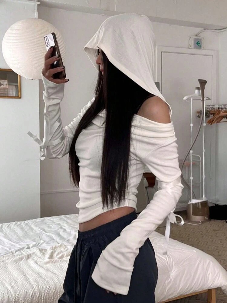 Women's Spring/Summer Solid Color Hooded Off-Shoulder Loose Fit T-Shirt Long Sleeve Women Tops