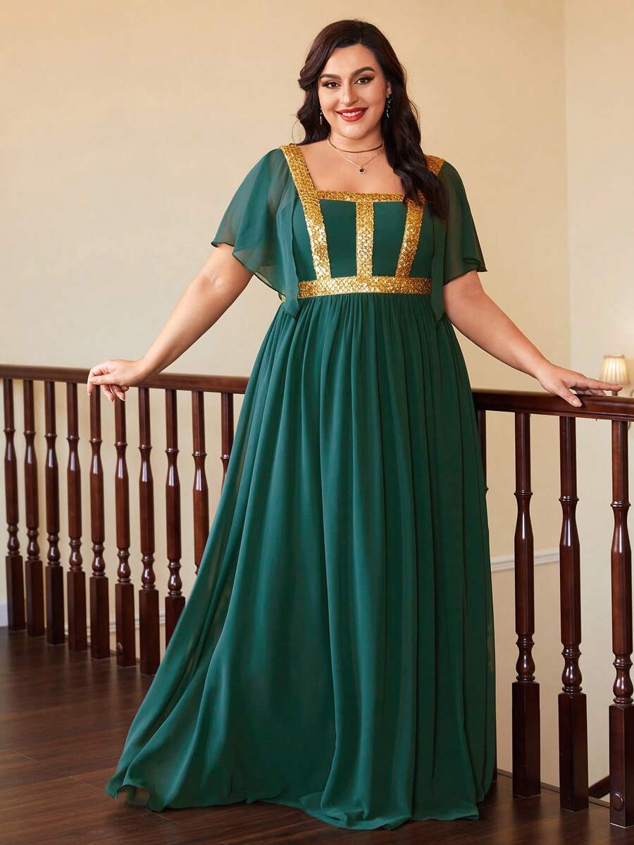 Mgiacy Square Neckline Trumpet Sleeve Gold Woven Ribbon Chiffon Dress - Dark Green - View 1