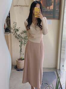 DAZY Women's V-Neck Ribbed Gentle & Elegant Sweater With Pleated Details And Long Sleeves,Fall Women Clothes - Apricot - View 5