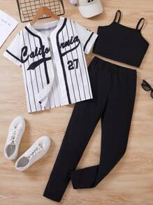 Tween Girl Striped & Letter Printed Front Button Short Sleeve Top, With Black Camisole Tank Top And Long Pants, Summer Streetwear Outfit - Black - View 1