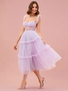 Enchnt Váy thiết kế lưới đơn giản và trơn hàng ngày dành cho nữ - Màu tím hoa cà - Xem 5