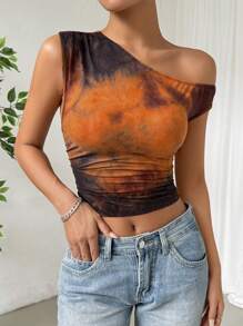 SHEIN Muchic Top asimétrico de mujer con cuello en estampado tie-dye - Marrón - Ver 1