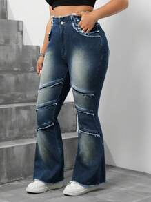 SHEIN ICON Women's Plus Size Patchwork Fringe Hem Flared Casual Jeans