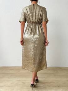 Chiquease Váy Satin tay áo cánh dơi xoắn phía trước Jacquard - Vàng - Xem 2
