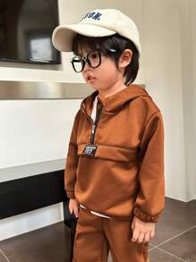 SHEIN Baby Boys' Casual Hooded Sweatshirt And Long Pants Set, Autumn/Winter - Brown - View 4