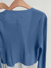 SHEIN Essnce Plus Solid Long Sleeve Casual Cardigan For Dailywear - Dusty Blue - View 6
