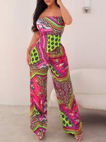 SHEIN SXY Ensemble deux pièces de vacances composé d'un foulard tête imprimé cachemire et d'un pantalon droit taille haute