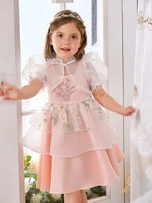 SHEIN Leap Crew Young Girl Two Pieces Set, Consisting Of A Loose Casual Top With Puff Sleeves And A Sleeveless Dress With An Embroidered Square Collar. - Multicolor - View 3