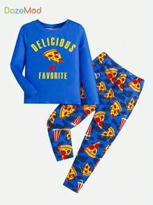 SHEIN Young Boy Letter & Pizza Print Snug Fit PJ Set - Multicolor - View 1