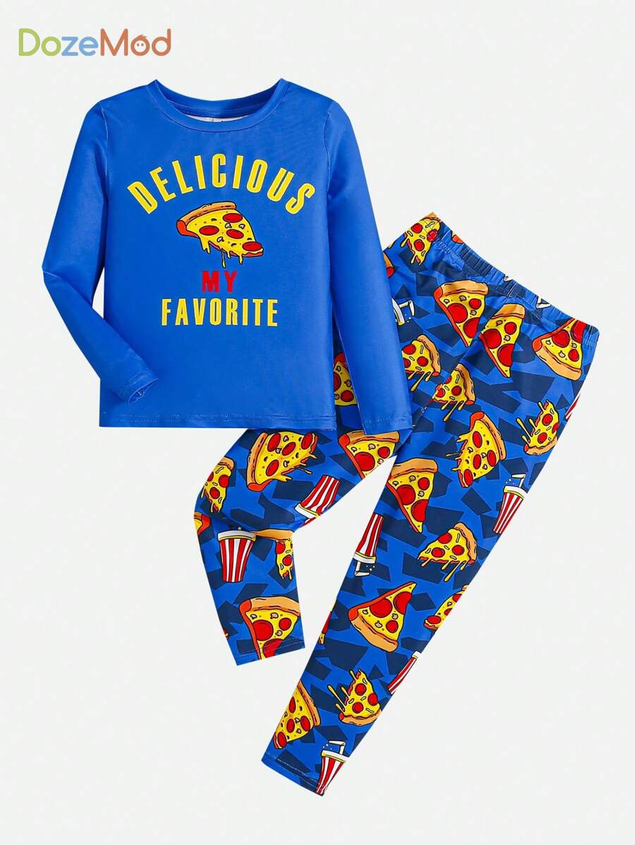 SHEIN Young Boy Letter & Pizza Print Snug Fit PJ Set - Multicolor - View 1