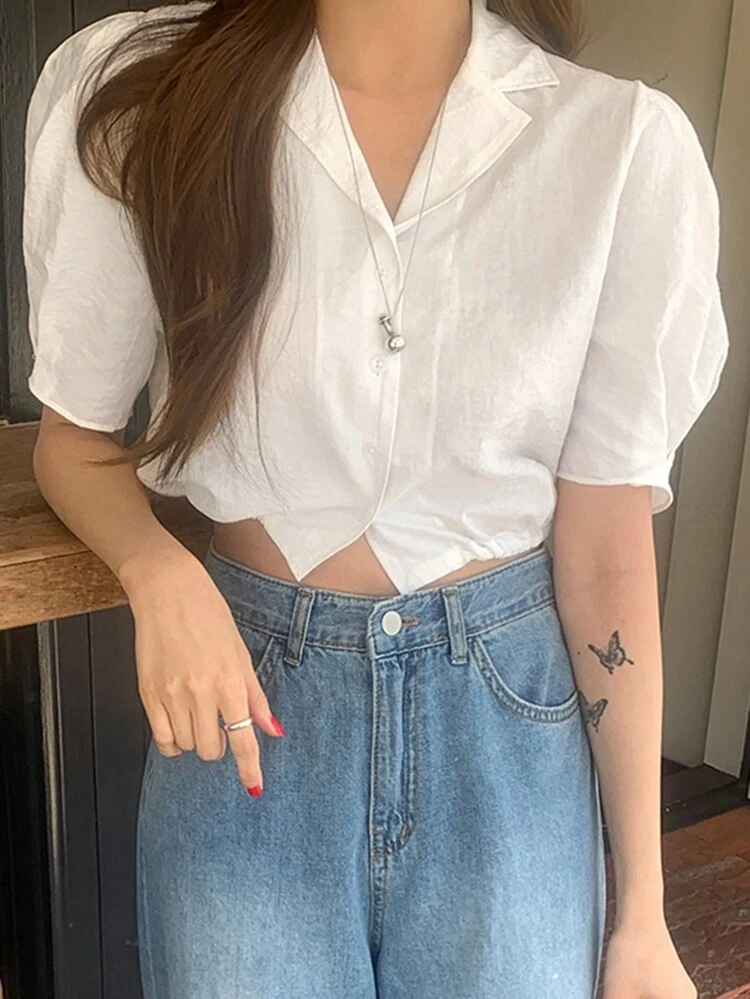 Women's Solid Color Puff Sleeve Short Crop Top With Back Tie