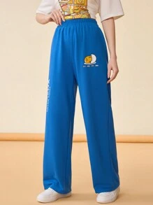 Gudetama X SHEIN 女士彈性腰卡通蛋和字母印花直筒運動長褲 - 藍色 - 查看 3