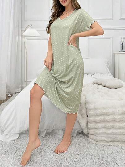 Round Neck Polka Dot Lettuce Pajama Nightdress Long Dress view 4