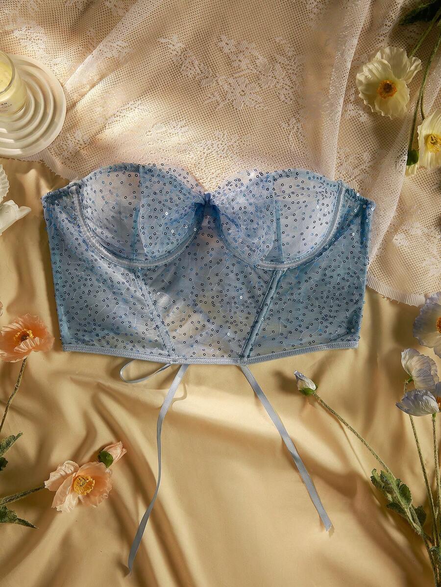 PetitDoll حمالة صدر كروس ستراب شبكية لامعة للنساء ، ملابس داخلية - أزرق فاتح اللون - مشاهدة 1