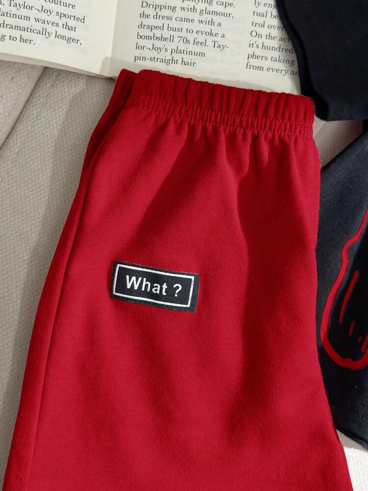 SHEIN Conjunto de jersey de cuello redondo impreso con letras para bebé con adorno en los hombros y pantalones cortos informales