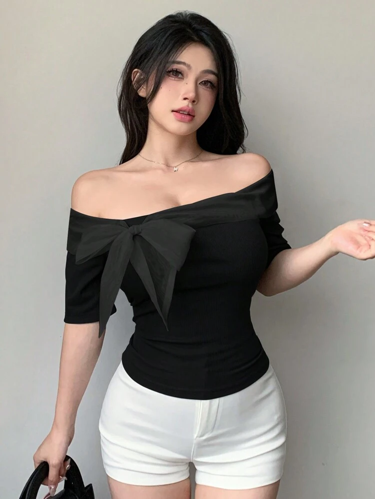 Women Off-Shoulder Contrast Color Bow Decor Fitted Short Sleeve T-Shirt ,New Year Eve Summer,Crop Tops Women,Off Shoulder Top