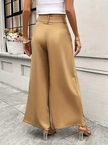 女士純色休閒日常長褲 - 卡其色 - 查看 2