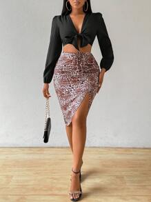Zolique Tie Front Crop Top & Leopard Print Split Thigh Skirt - Multicolor - View 5