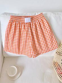 SHEIN EZwear Shorts de verano casuales de cuadros tejidos naranja para mujer