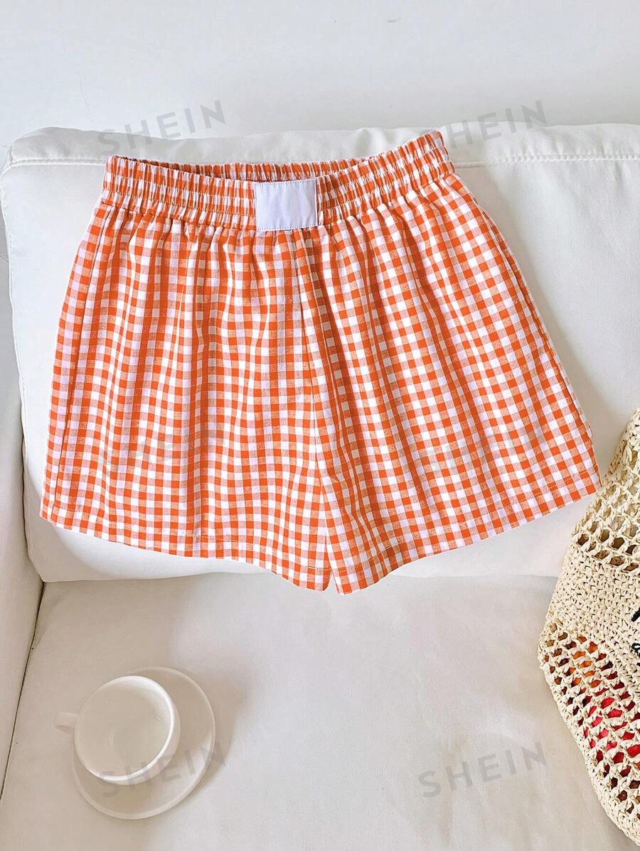 SHEIN EZwear Shorts de verano casuales de cuadros tejidos naranja para mujer