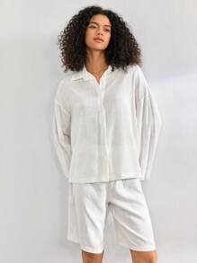 Ocili Leisure Ladies' Solid Color Long Sleeve Front Button Top And Shorts Summer Pajama Set - White - View 3
