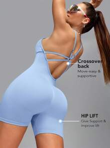 Innovista 女士純色高彈性超無縫運動連體褲，控制肚子和提臀整體短褲，夏季出行穿搭，日常休閒和運動，水藍色連體褲，可調肩帶，女士連體裝 - 淺藍色 - 查看 4