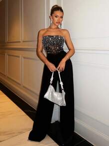 SHEIN BAE 女士串珠裝飾無肩連身褲，簡約風格，日常穿著 - 黑色 - 查看 5