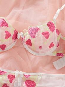 PetitDoll 2入組女款草莓刺繡文胸和內褲套裝 - 彩色 - 查看 6
