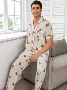 CoupledUp Bear Bubble Wrinkle Print Lapel Collar Men's Pajamas Set - Apricot - View 4