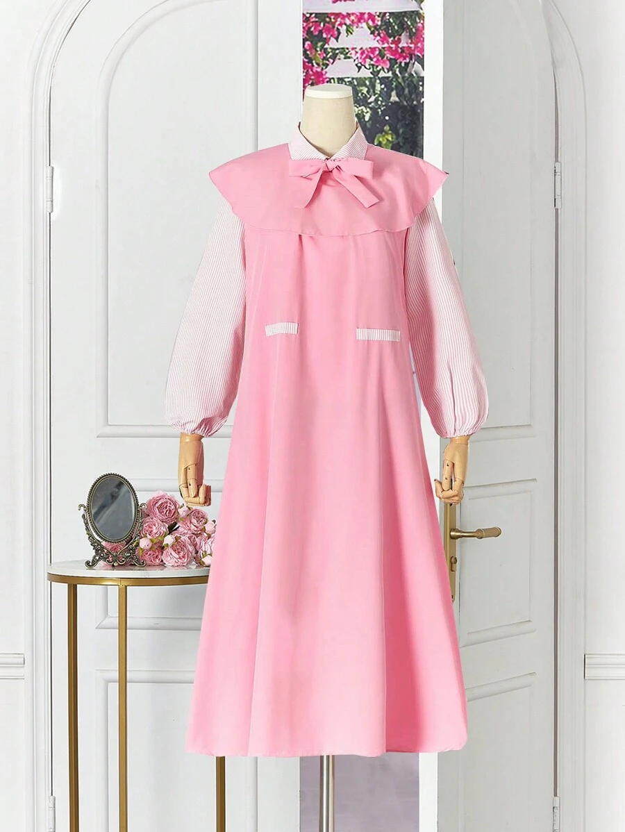 2 件套青少年女孩领中长连衣裙 - 粉色 - 查看 1