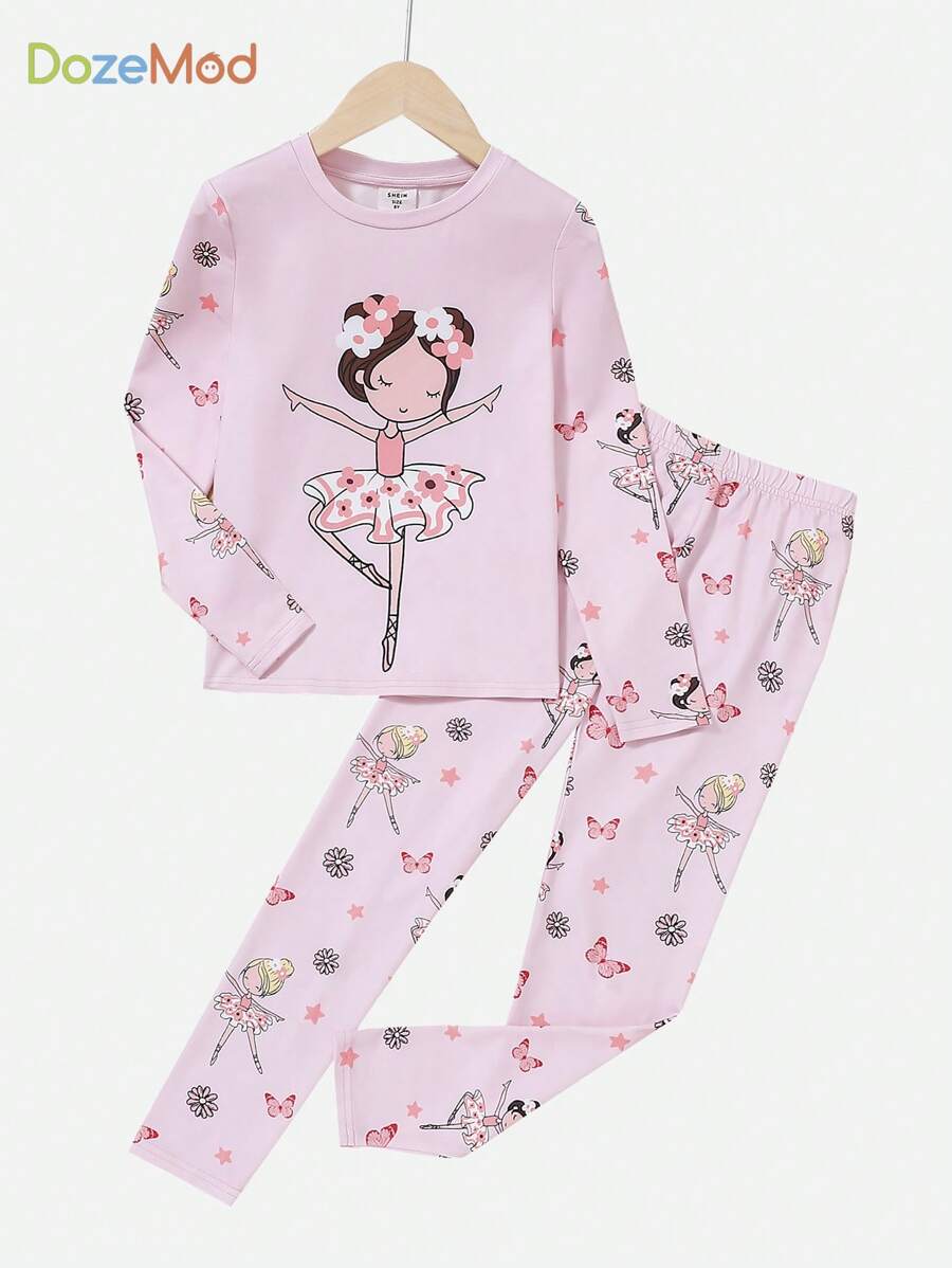 SHEIN Leap Crew Tween Girl Cartoon Graphic Tee & Pants Snug Fit PJ Set - Baby Pink - View 1