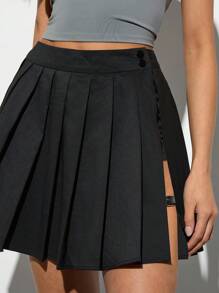 Forever 21 女士休閒實色高腰百褶裙，側開叉設計，夏季 - 黑色 - 查看 5