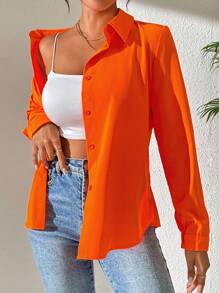 SHEIN Clasi Solid Long Sleeves Button Front Orange Shirt For Spring Summer - Orange - View 5